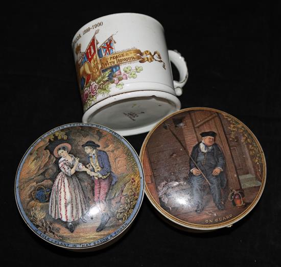 Two Prattware pot lids and bases and a commemorative mug